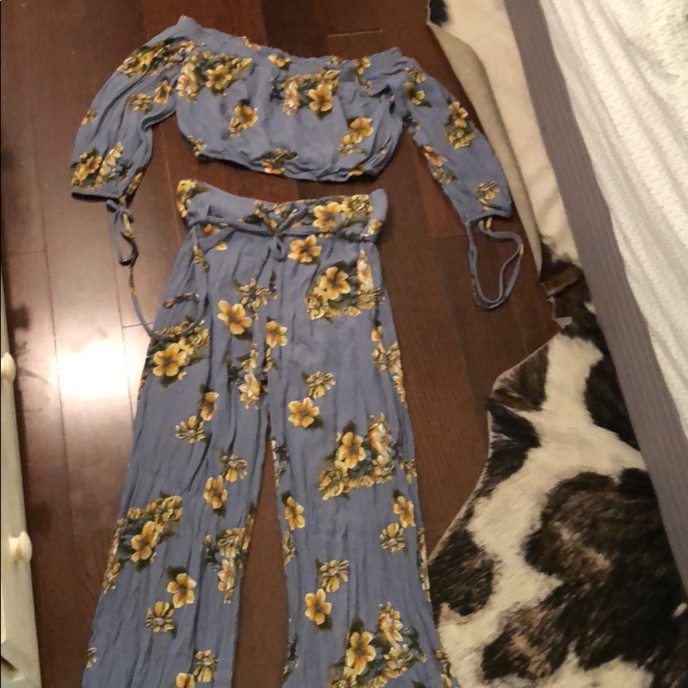 Two piece set off the shoulder top and bell bottom